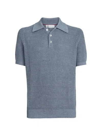 Brunello Cucinelli Linen And Cotton Half English Rib Knit Polo Shirt In Blue