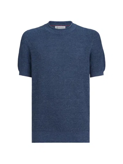 Brunello Cucinelli Linen And Cotton Half English Rib Knit T-shirt In Blue