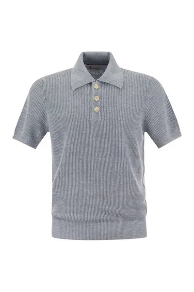 Brunello Cucinelli Linen And Cotton Half-rib Knit Polo Shirt With Contrasting Detailing In Blue