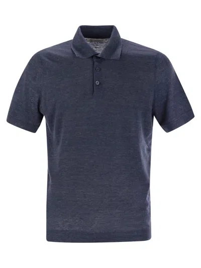 Brunello Cucinelli Linen And Cotton Knit Polo Shirt In Blue