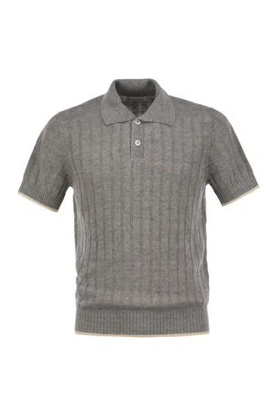 Brunello Cucinelli Linen And Cotton Knit Polo Shirt With Contrasting Detail In Grey
