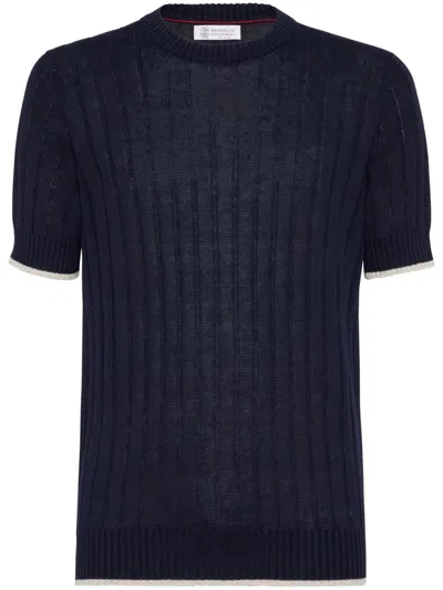 Brunello Cucinelli Linen And Cotton Short Sleeves Sweater In Blue