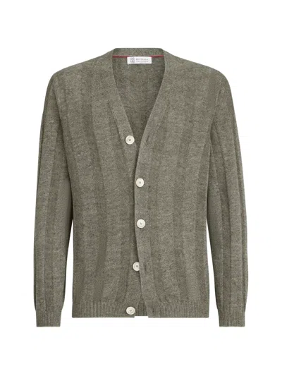 Brunello Cucinelli Linen And Cotton Textured Rib Cardigan In Green