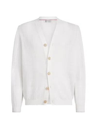 Brunello Cucinelli Linen And Cotton Textured Rib Cardigan In White
