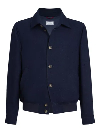 Brunello Cucinelli Linen And Silk Blend Blouson Jacket In Blue