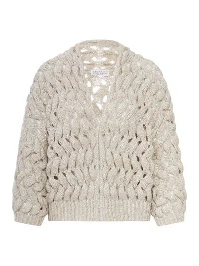 Brunello Cucinelli Linen And Silk Blend Knitted Cardigan With Sequins In Neutral