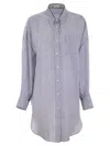 Brunello Cucinelli Linen And Silk Striped Organza Long Shirt With Shiny Collar Detail