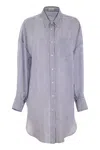 Brunello Cucinelli Linen And Silk Striped Organza Long Shirt With Shiny Collar Detail In Multicolor