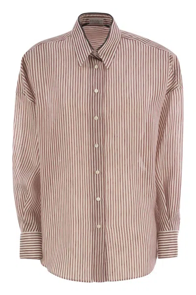 Brunello Cucinelli Linen And Silk Striped Organza Shirt With Shiny Collar Detail