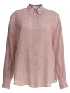 Brunello Cucinelli Linen And Silk Striped Organza Shirt With Shiny Collar Detail In Red