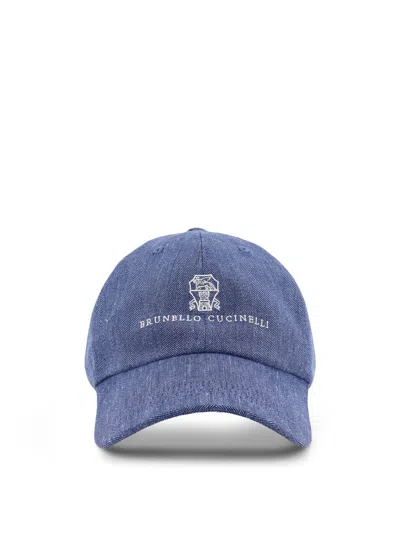 Brunello Cucinelli Linen And Virgin Wool Blend Hat With Embroidered Logo On The Front In Blue