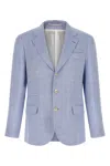 Brunello Cucinelli Linen And Wool Chevron Blazer Light Blue In Blue