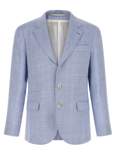 Brunello Cucinelli Linen And Wool Chevron Blazer Light Blue In Multi