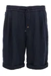 Brunello Cucinelli Garment Dyed Linen Gabardine Bermuda Shorts With Drawstring And Darts In Blue