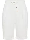 Brunello Cucinelli Garment Dyed Linen Gabardine Bermuda Shorts With Drawstring And Darts In White