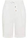 Brunello Cucinelli Garment Dyed Linen Gabardine Bermuda Shorts With Drawstring And Darts In White