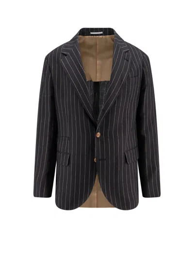 Brunello Cucinelli Linen Blazer With Striped Motif In Black
