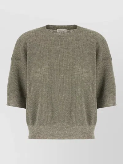 Brunello Cucinelli Linen Blend Crew Neck Metallic Sweater In Gray