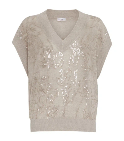 Brunello Cucinelli Women's Linen Sweater With Dazzling Flower Embroidery In Beige