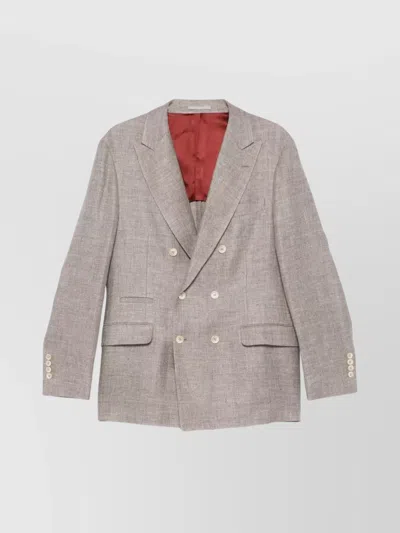Brunello Cucinelli Linen Blend Double-breasted Jacket With Back Vent In Gray