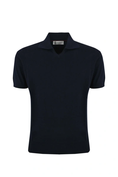 Brunello Cucinelli Linen Blend Polo Shirt In Navy