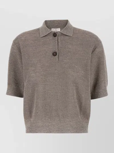 Brunello Cucinelli Linen Blend Polo Shirt Ribbed Collar In Gray