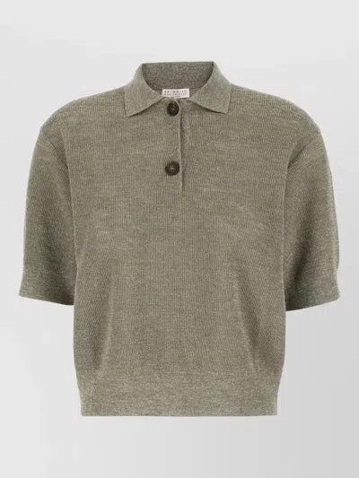 Brunello Cucinelli Linen Blend Polo Shirt Ribbed Texture In Black