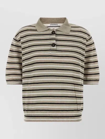 Brunello Cucinelli Linen Blend Polo Shirt Striped Sleeves In Multi