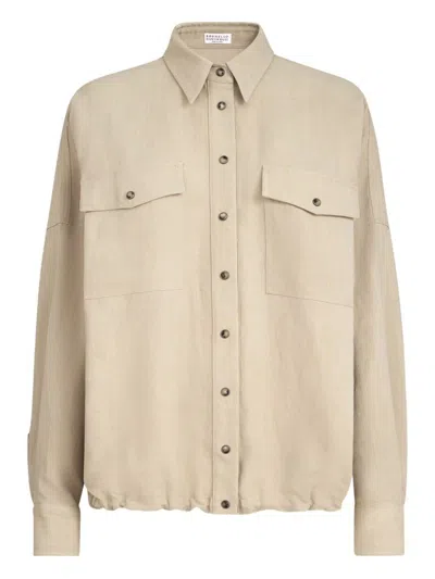 Brunello Cucinelli Linen Blend Long Sleeve Shirt Pockets In Neutral