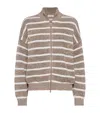 Brunello Cucinelli Beige Cardigan With High Neck And All-over Striped Motif In Linen Blend Woman In Brown