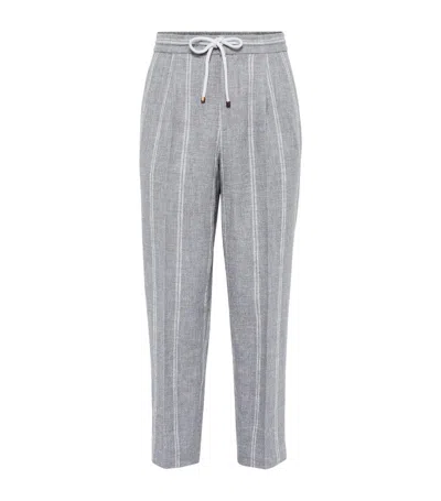 Brunello Cucinelli Linen-blend Striped Straight Trousers In Grey