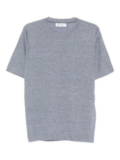 Brunello Cucinelli Linen Blend Sweater Round Neck Short Sleeves In Blue