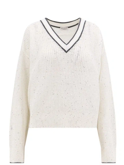 Brunello Cucinelli Linen Blend Sweater With Sequins In White