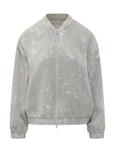 Brunello Cucinelli Linen Bomber Jacket With Paillettes In Ice