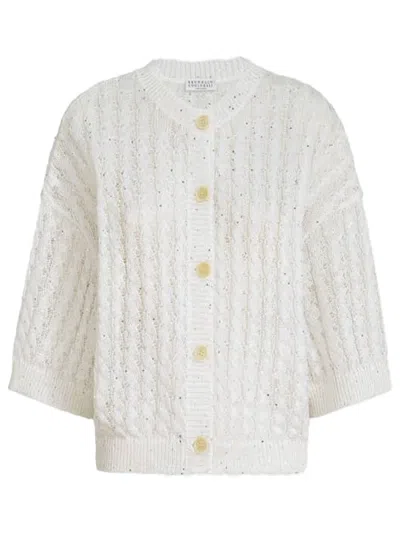 Brunello Cucinelli Linen Cable Knit Cardigan In White