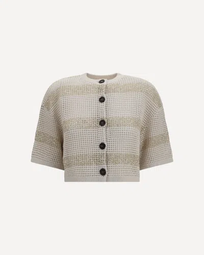 Brunello Cucinelli Linen Cable-knit Cardigan With Sequins In Sand