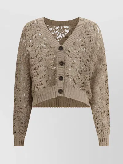 Brunello Cucinelli Linen Cardigan Sequined Perforated Design In Cream