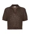 Brunello Cucinelli Sequined Cashmere Cropped Polo Sweater In Brown
