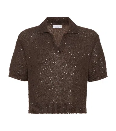 Brunello Cucinelli Linen-cashmere-silk Polo Knit In Brown