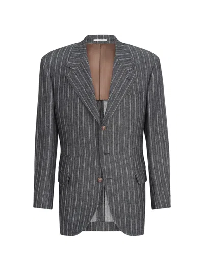 Brunello Cucinelli Linen Chalk Stripe Chevron Tailor Blazer With Metal Buttons In Gray