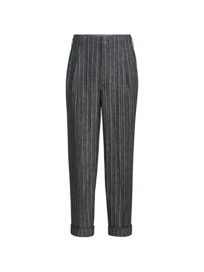 Brunello Cucinelli Linen Chalk Stripe Chevron Trousers With Double Pleats In Gray