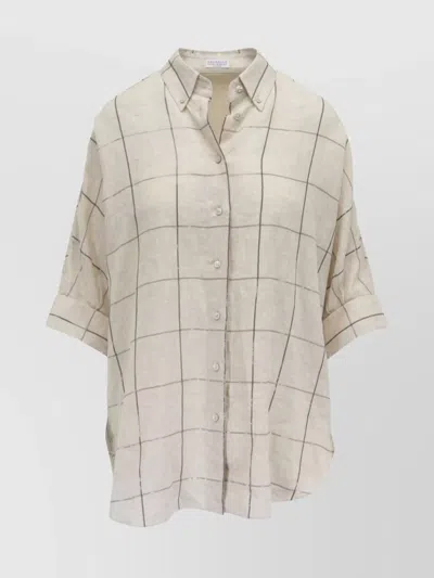 Brunello Cucinelli Linen Checked Shirt Short Sleeves In Beige