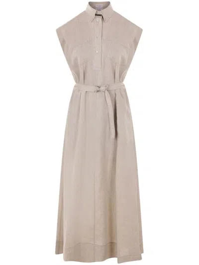 Brunello Cucinelli Linen Chemisier Short Sleeves Long Dress In Beige In Jute