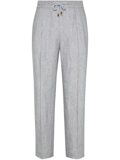 BRUNELLO CUCINELLI LINEN CHEVRON LEISURE FIT PANTS WITH DRAWSTRING AND