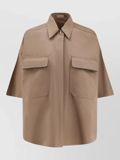 Brunello Cucinelli Linen Cotton Blend Shirt Short Sleeve In Brown