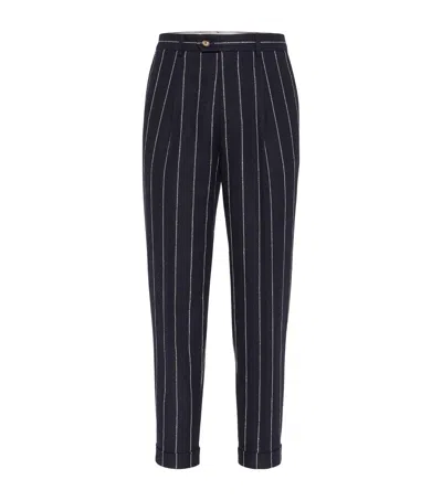 Brunello Cucinelli Linen-cotton-blend Stripe Leisure Trousers In Blue