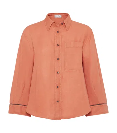 Brunello Cucinelli Linen-cotton Monili-trim Shirt In Orange