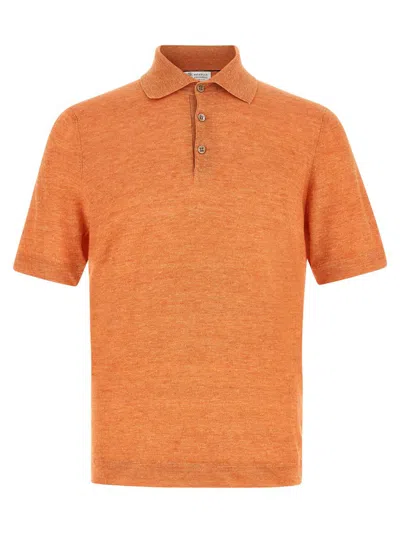 Brunello Cucinelli Linen Cotton Polo Shirt Short Sleeves In Orange