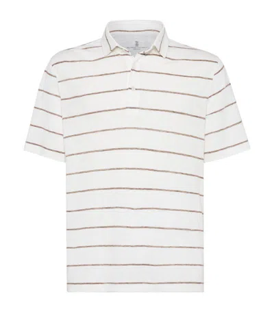 Brunello Cucinelli Linen-cotton Striped Polo Shirt In White