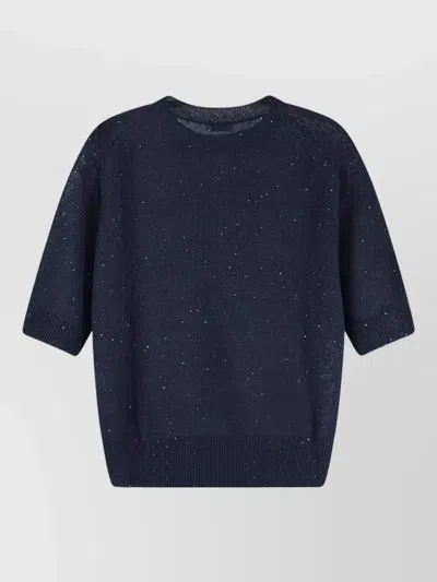 Brunello Cucinelli Linen Cotton Sweater Crew Neck Sequins In Blue